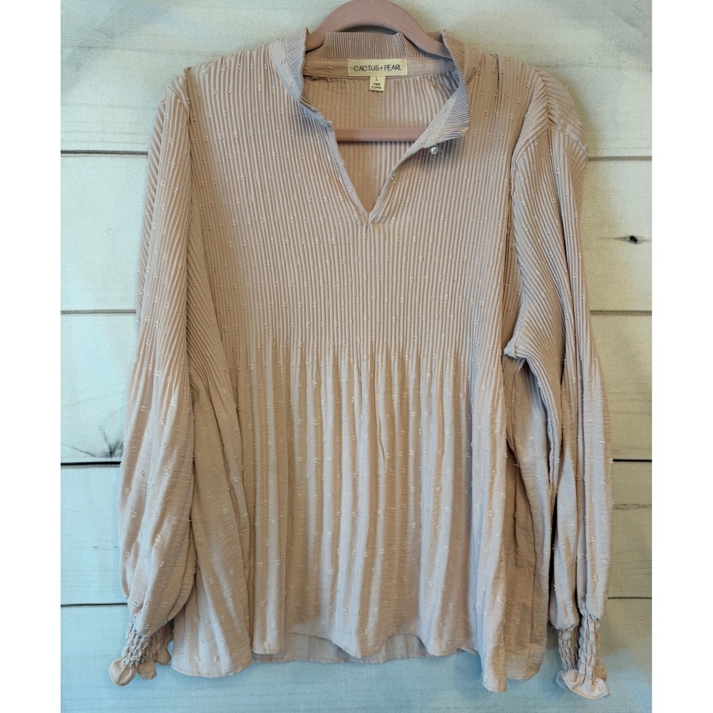 Cactus + Pearl Womens Pleated Swiss Dot Blouse Blush Pink Long Sleeve Large